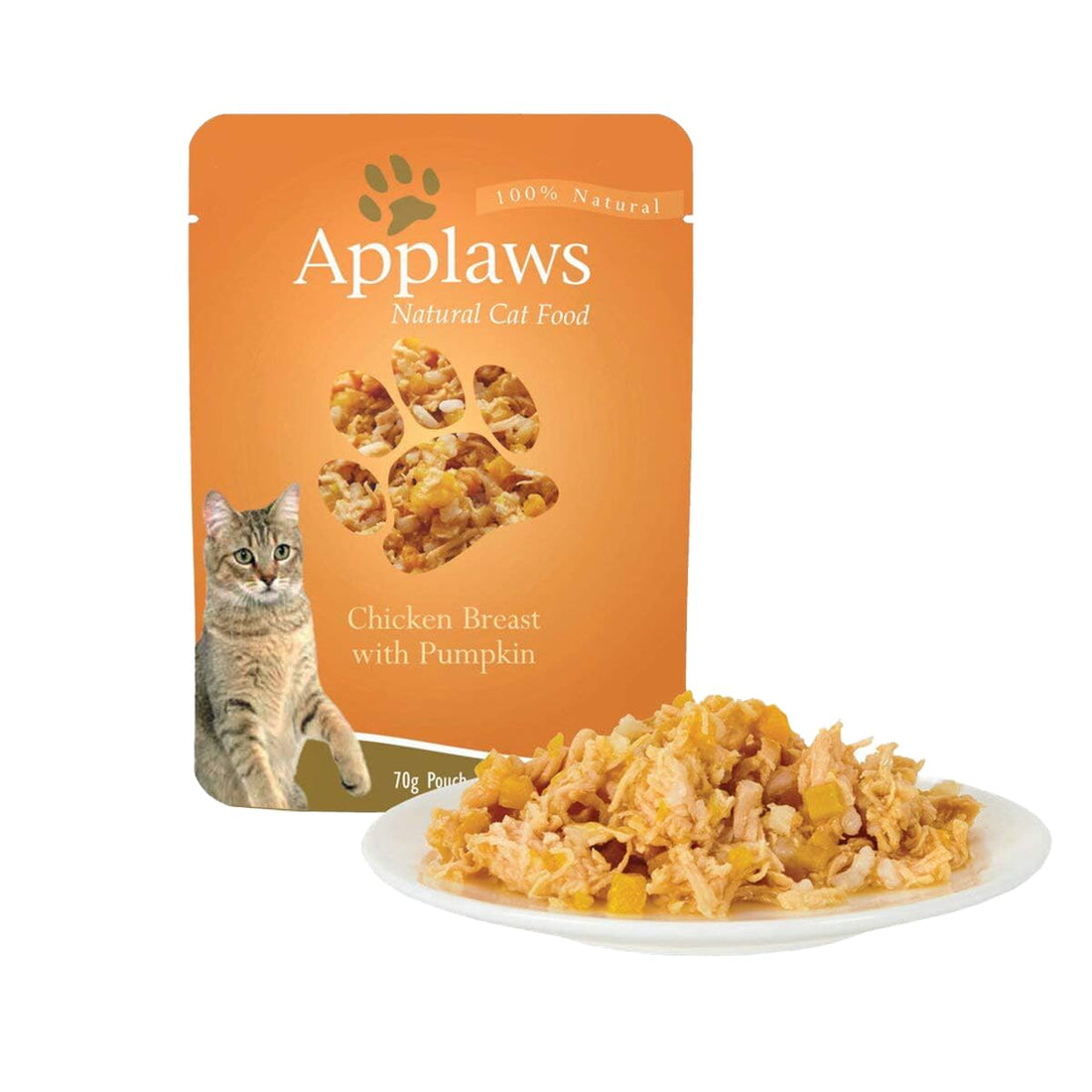 Applaws natural cat food pouch chicken breast with pumpkin in broth, 70g, displayed with plated wet food