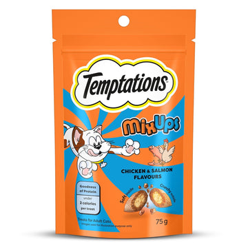 TEMPTATIONS MIXUPS CAT TREATS; CHICKEN & SALMON FLAVOURS 75G
