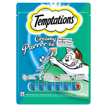 TEMPTATIONS CREAMY TREATS; MAGURO & SCALLOP FLAVORS 240GM