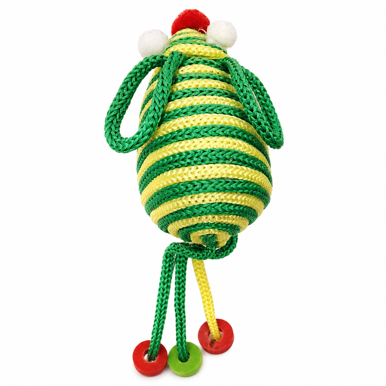 Green and yellow striped knitted Fat Rat interactive cat and dog toy with dangling balls and colorful pom-pom details