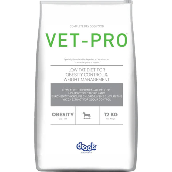 Drools Vet Pro Obesity Control dog food 12kg bag with low-fat, high-protein formula for weight management