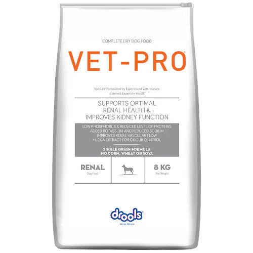 Drools Vet Pro Renal 8kg dog food bag with kidney diet formula for optimal renal health support