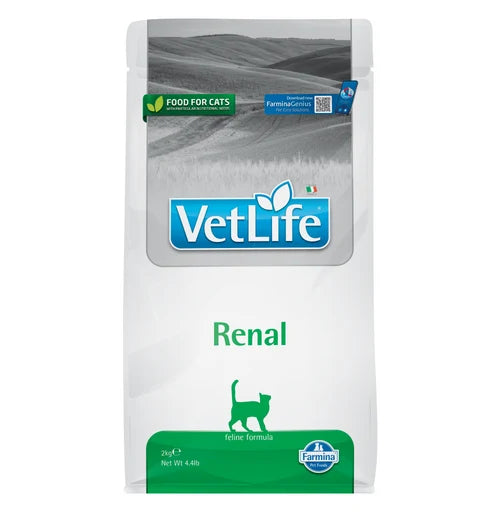 Farmina Vet Life Renal 2kg cat dry food bag with blue VetLife logo and green renal support label