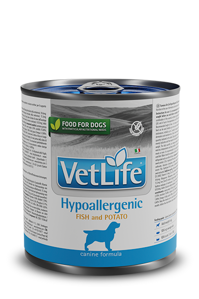 Farmina VetLife Hypoallergenic Fish and Potato Wet Dog Food 300g tin with blue and white label