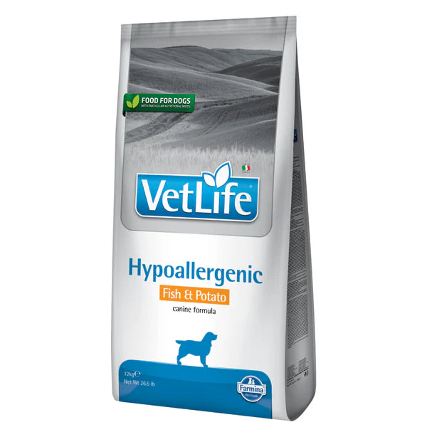 Farmina VetLife Hypoallergenic Fish & Potato 12kg dog food bag with blue branding and canine silhouette