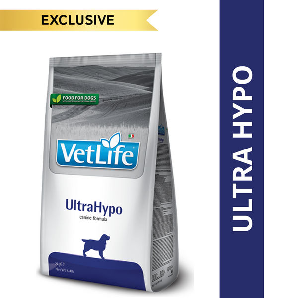 Farmina Vet Life UltraHypo 2kg hypoallergenic dog food bag with blue branding and dog silhouette