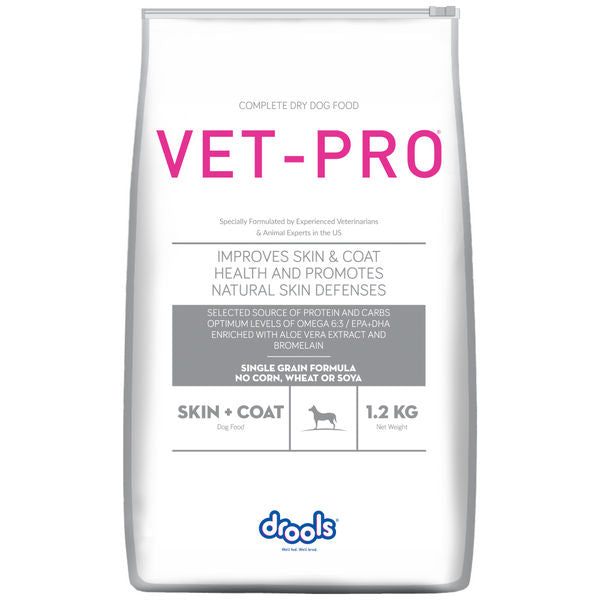 Drools Vet Pro Skin & Coat 1.2kg dry dog food bag with Omega-3 and Biotin for healthy coat