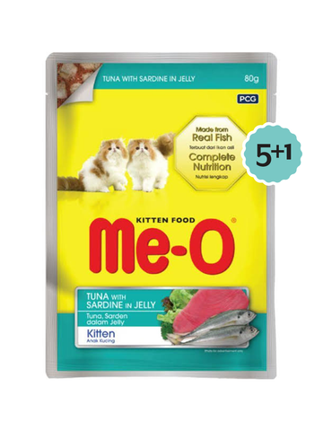 Me-o Kitten Tuna n Sardine In Jelly 80g Pack Of 5 + Get 1 Pouch Free