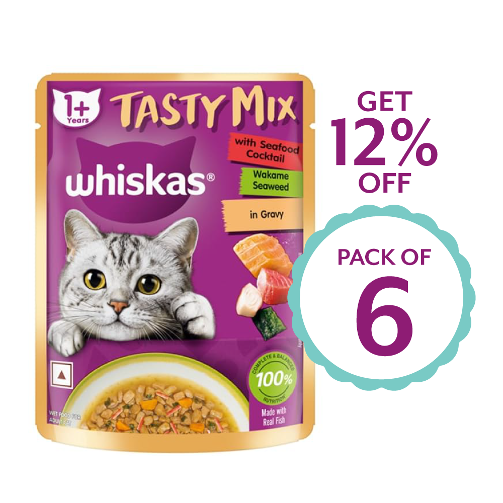 Whiskas Adult Tasty Mix Seafood Cocktail Wakame Seaweed in Gravy 70g ( Multi-Pack )