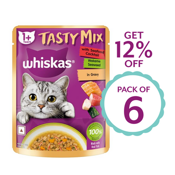 Whiskas Adult Tasty Mix Seafood Cocktail Wakame Seaweed in Gravy 70g ( Multi-Pack )