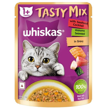 Whiskas Adult Tasty Mix Seafood Cocktail Wakame Seaweed in Gravy 70g ( Multi-Pack )