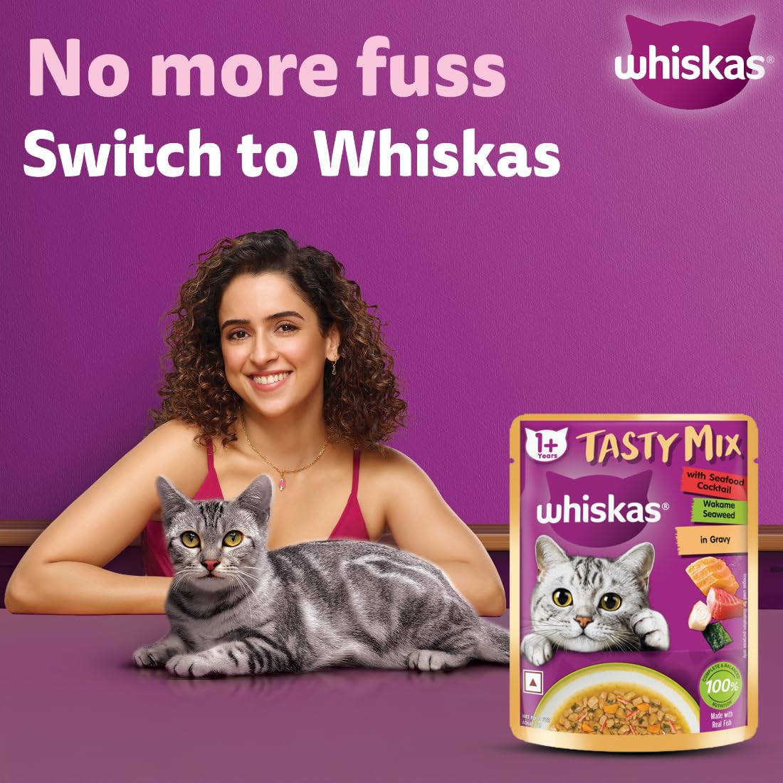 Whiskas Adult Tasty Mix Seafood Cocktail Wakame Seaweed in Gravy 70g ( Multi-Pack )