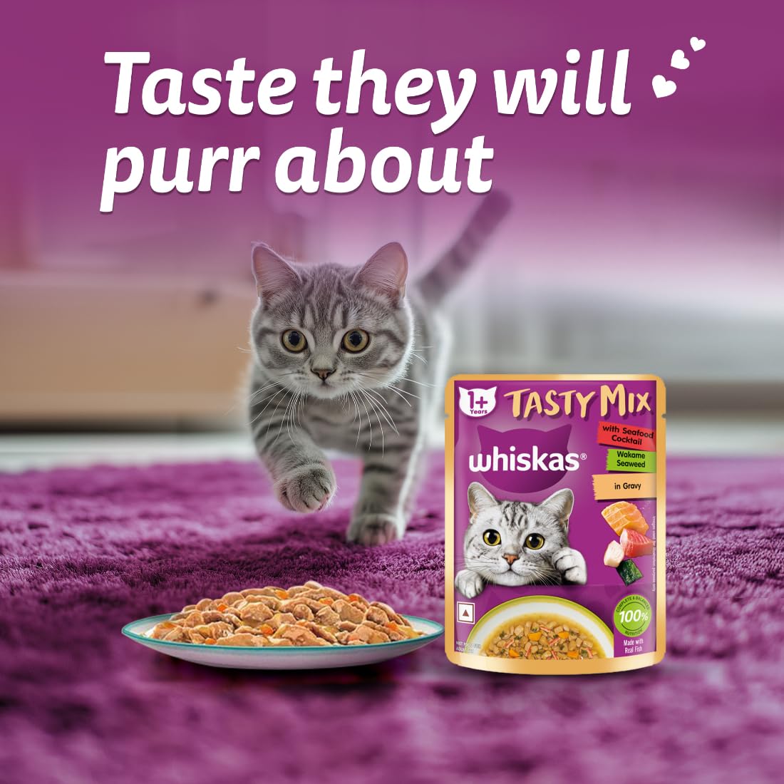 Whiskas Adult Tasty Mix Seafood Cocktail Wakame Seaweed in Gravy 70g ( Multi-Pack )